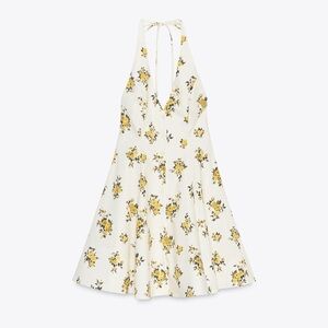 Zara Floral Halter Mini Dress Women’s M Yellow Ecru Tie V-Neck Button Up Summer